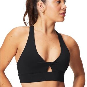 Fabletics Black Oasis Twist Sports Bra with Halter Neckline